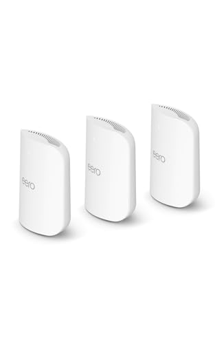 Three white Amazon eero Pro 7 mesh routers