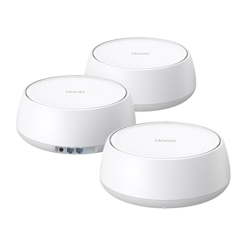 Three white TP-Link Deco BE25 mesh units